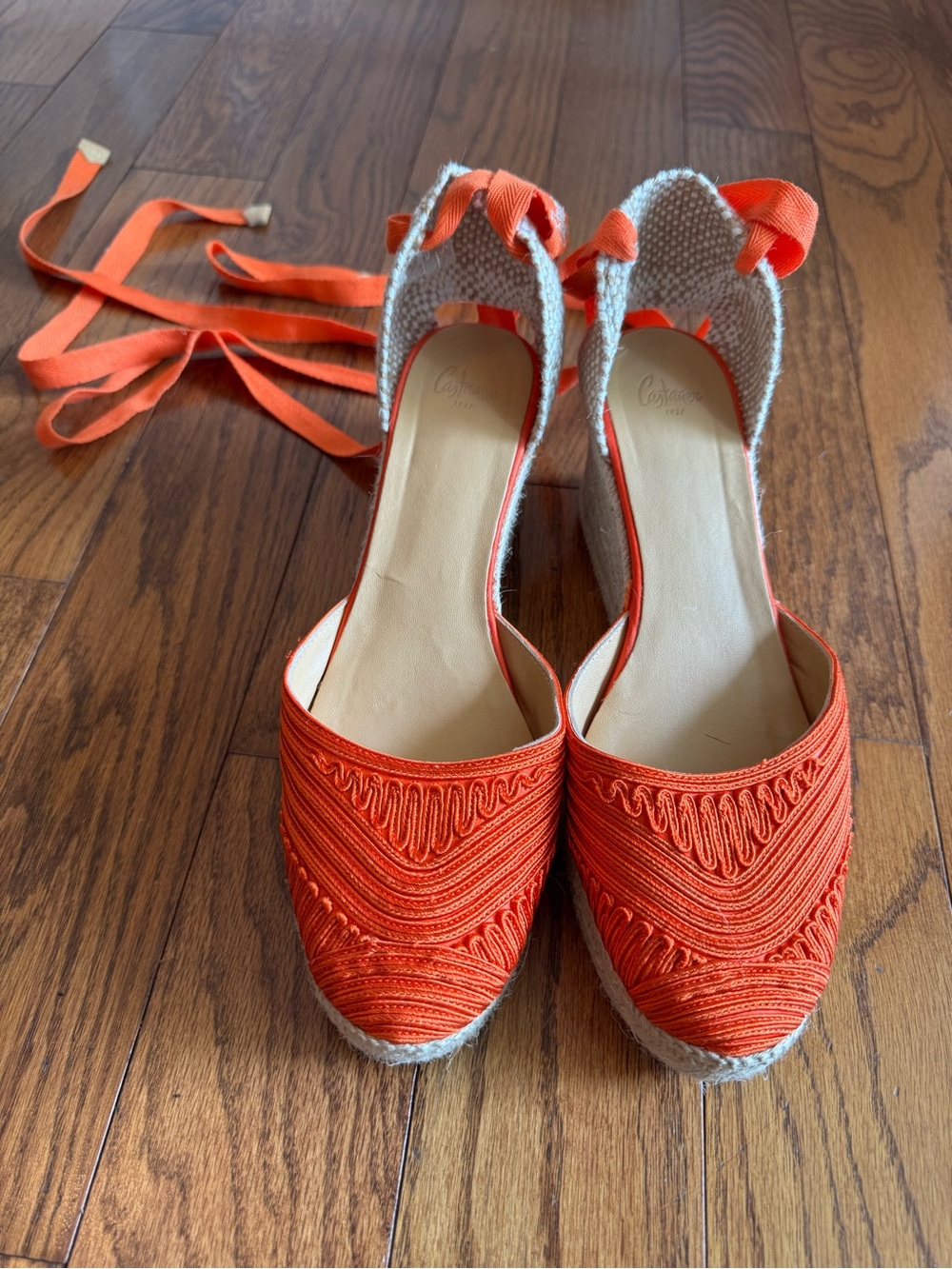Castañer Carina Orange Embroidered Lace Up Wedge Espadrilles NWOT